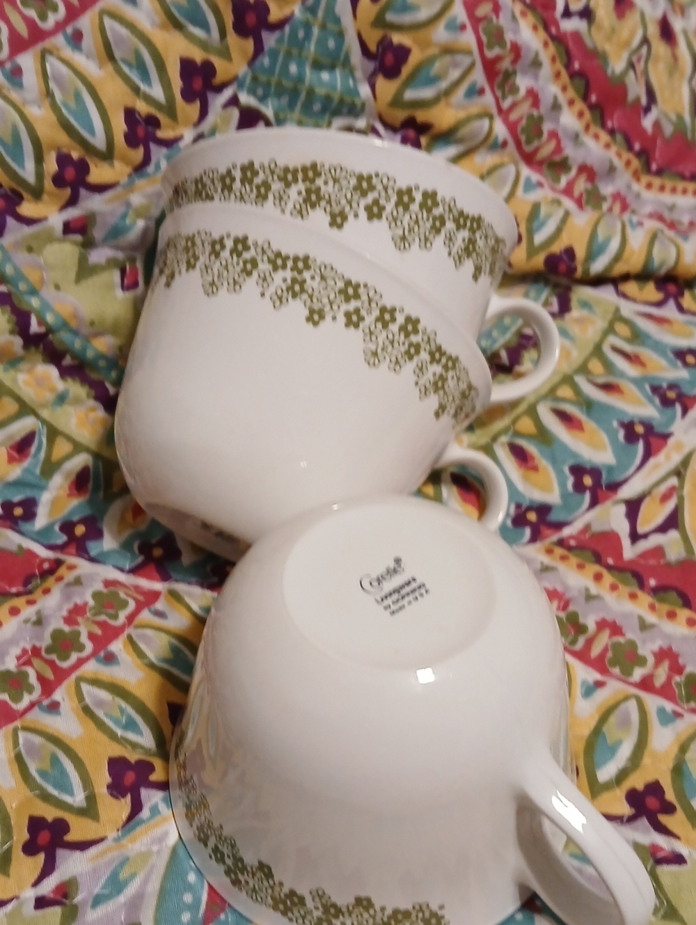 Corningware White Mugs with Olive Green Floral Band - Set of 3